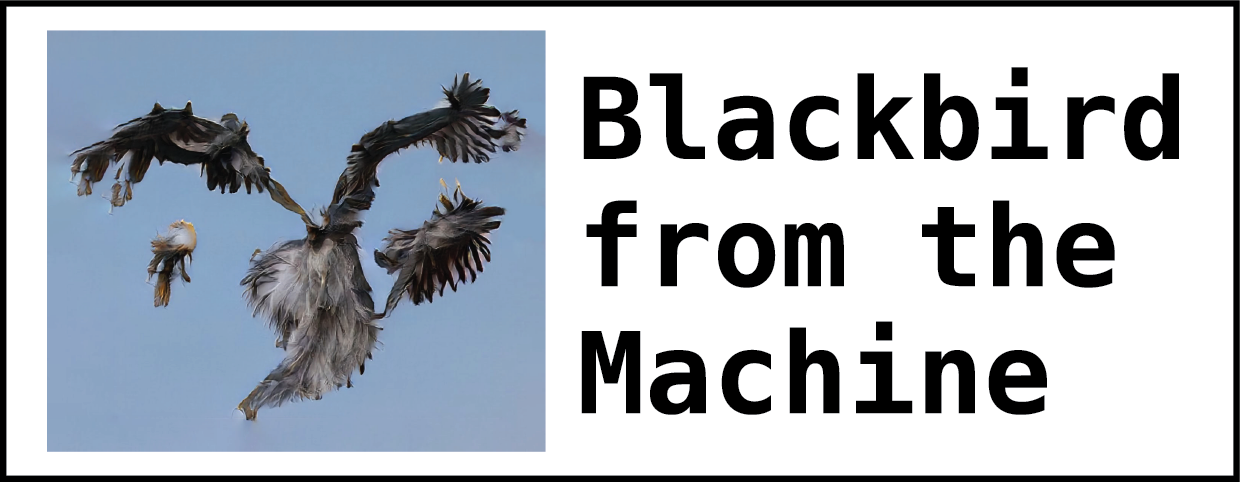 An AI-generated blackbird together with the letters 'Blackbird from the Machine'